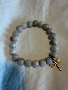 Gray Beaded Stretch Bracelet with Gold Dragonfly Charm